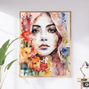 Watercolor Digital Art of a Woman with Flowers