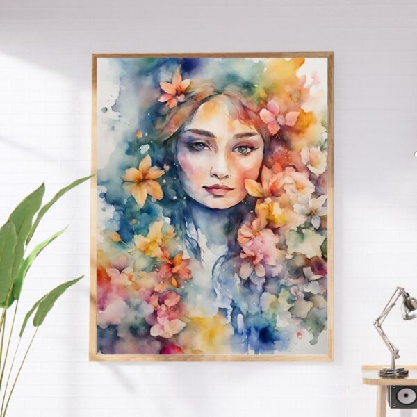 Dreamy Watercolor Woman with Flowers